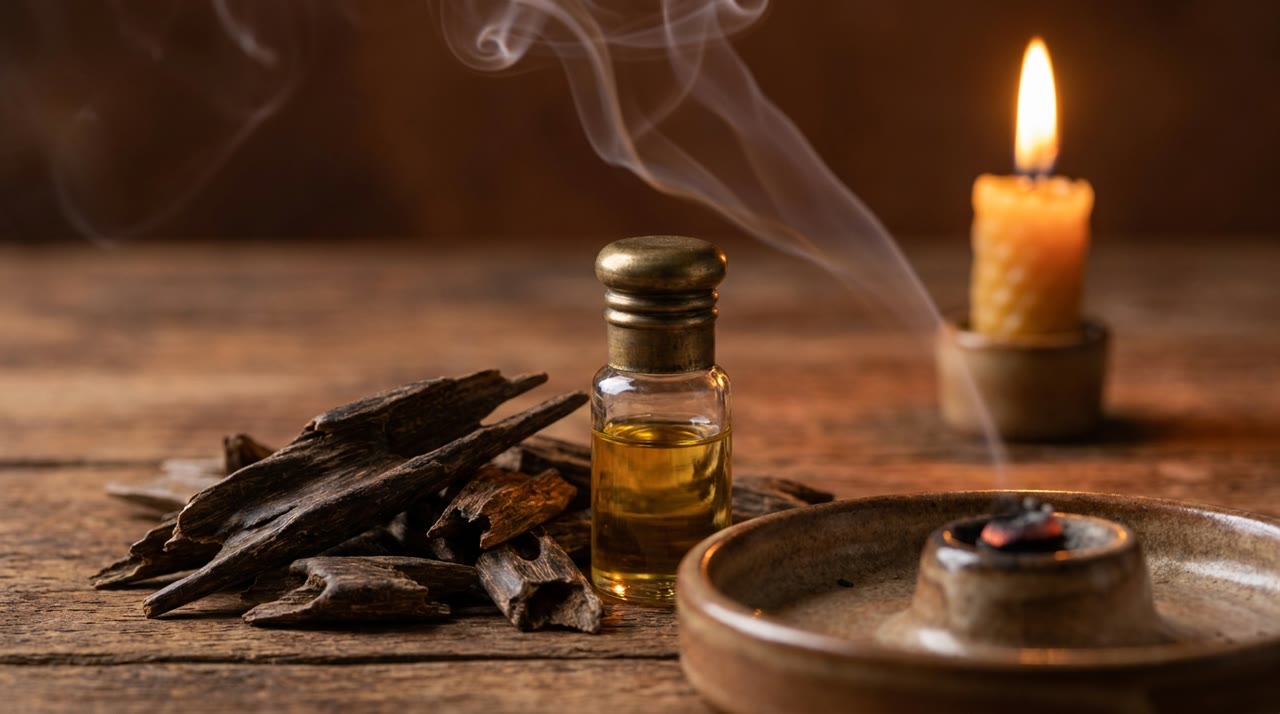 Oosterse parfumfles met oud-hout en wierookrook